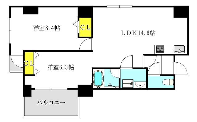 ヒルズ扇町(2LDK/3階)の間取り写真