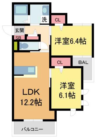 フェリシード甲東園(2LDK/3階)の間取り写真