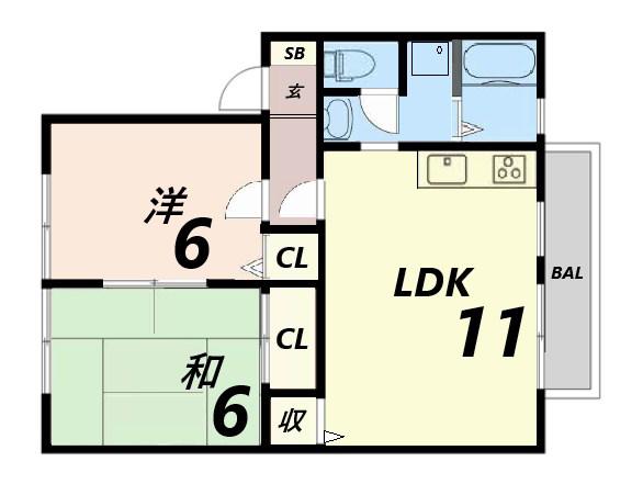 サンハイム下手野 A棟(2LDK/2階)の間取り写真