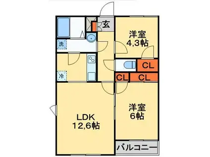 グランドコート(2LDK/2階)の間取り写真