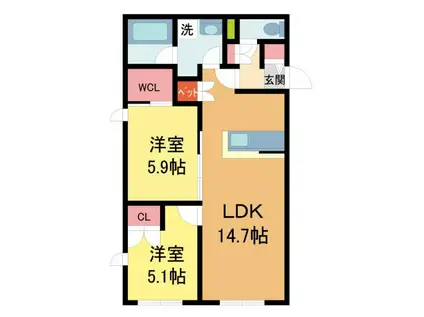 西宮市今津山中町ヘーベルメゾン(2LDK/1階)の間取り写真