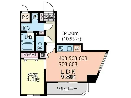 イーストサイド(1LDK/7階)の間取り写真