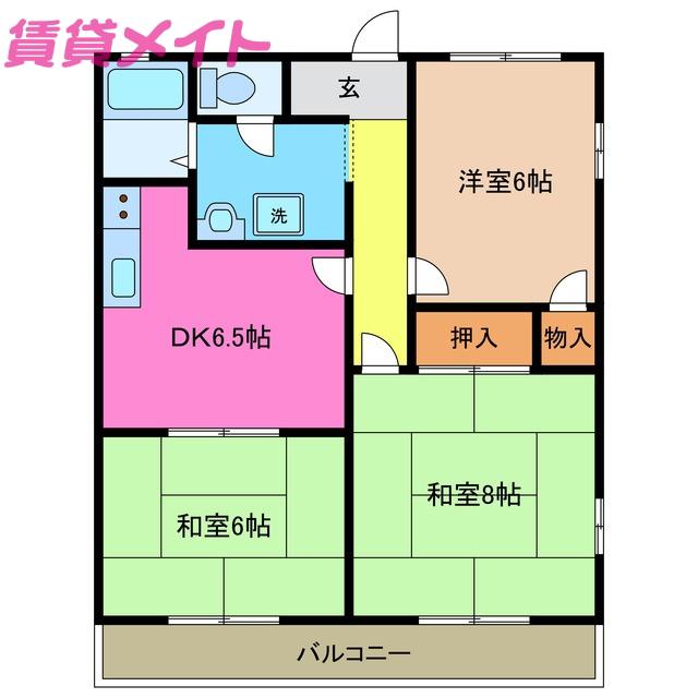 メモリアルアベニュー B(3DK/2階)の間取り写真