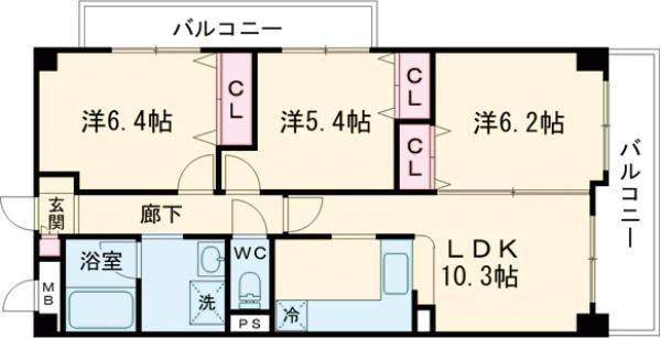 ファインコート鴻池南館(3LDK/2階)の間取り写真