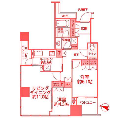 横浜ポートサイドプレイス(2LDK/12階)の間取り写真