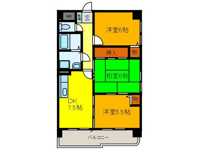 アルカディーナ八尾(3DK/5階)の間取り写真