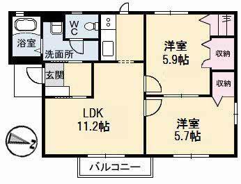 NEOクラレッドシティA棟(2LDK/2階)の間取り写真