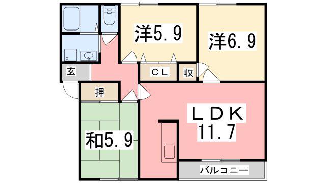 ザックス英賀保 A棟(3LDK/1階)の間取り写真