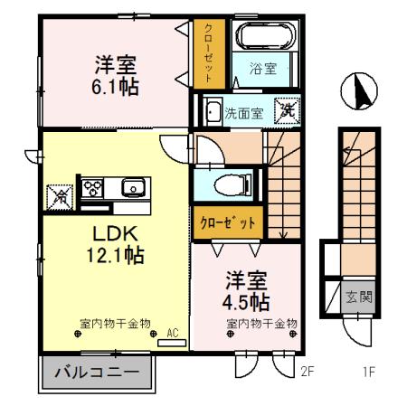 シャルマン岡(2LDK/2階)の間取り写真