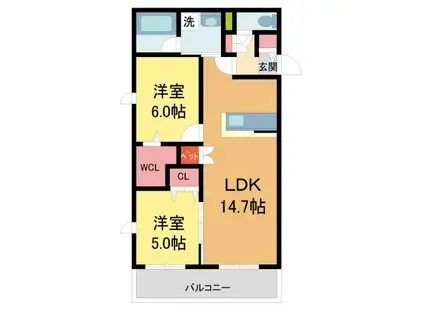 西宮市今津山中町ヘーベルメゾン(2LDK/2階)の間取り写真