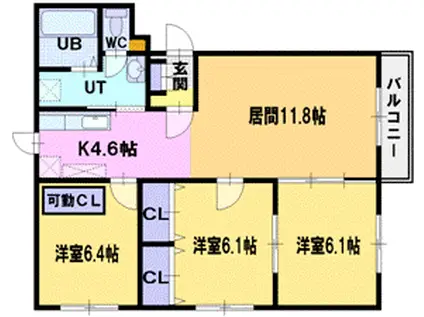 パティオT&T上江別東(3LDK/1階)の間取り写真