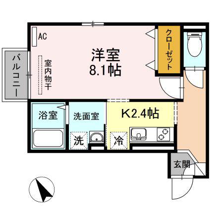 CARNELIAN 穴生(1K/2階)の間取り写真