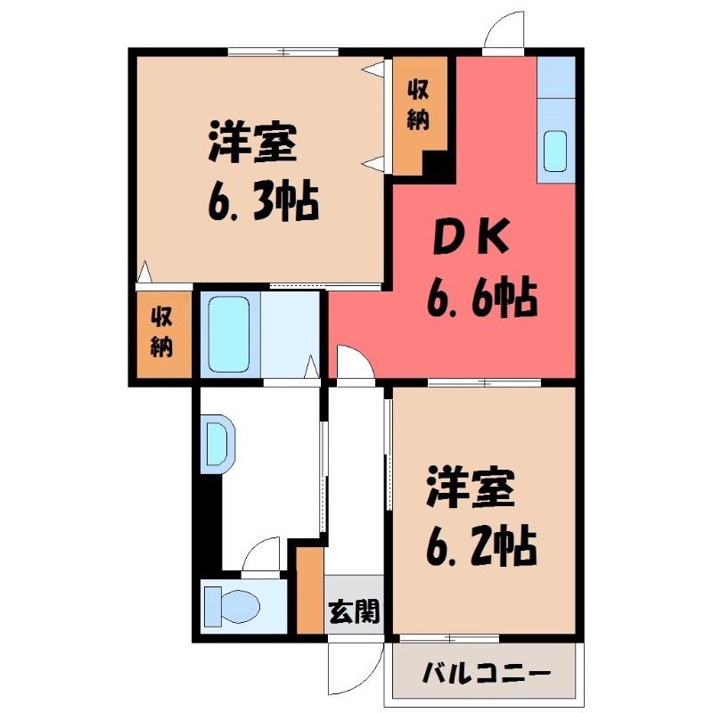 上毛電鉄 樋越駅 徒歩16分 2階建 築22年(2DK/1階)の間取り写真
