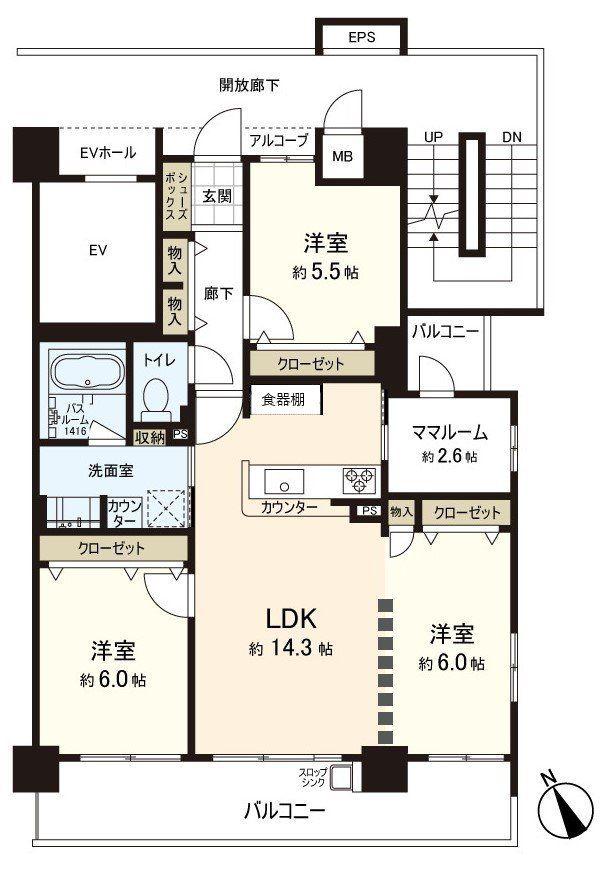 アルファスマート観音新町II(3LDK/5階)の間取り写真