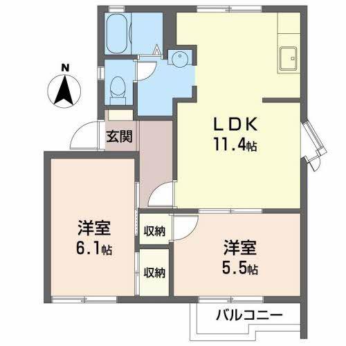 ベルハイツ野里B棟(2LDK/2階)の間取り写真