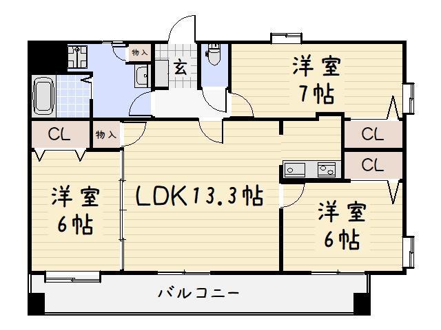 ニューリバー九工大駅前(3LDK/12階)の間取り写真