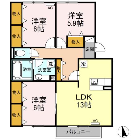 ヴァイオレット(3LDK/1階)の間取り写真
