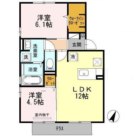 ヴィルヌーブ中間ノース(2LDK/1階)の間取り写真