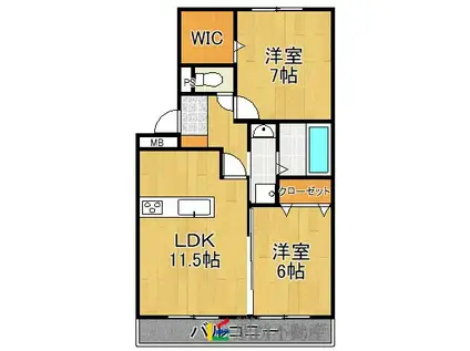 ロイヤルブルーB棟(2LDK/1階)の間取り写真