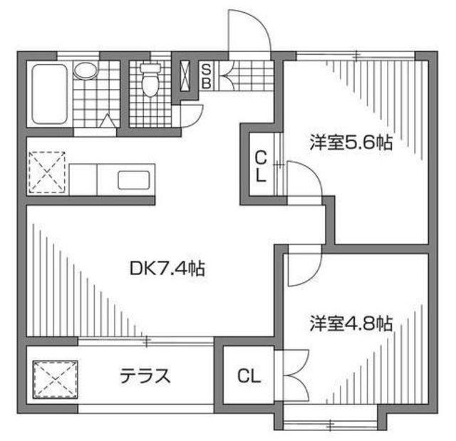 グリーンウェーブ北の台(2LDK/1階)の間取り写真