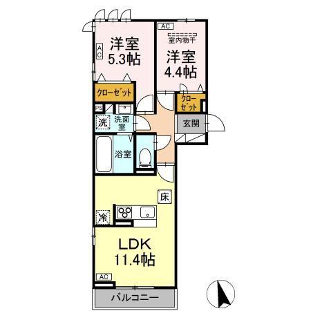 D-ROOM六十人町A(2LDK/1階)の間取り写真