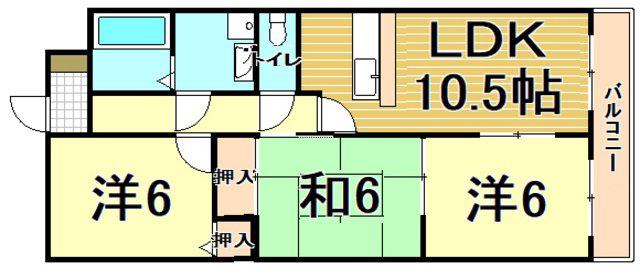 ＪＲ福知山線 中山寺駅 徒歩38分 5階建 築31年(3LDK/5階)の間取り写真