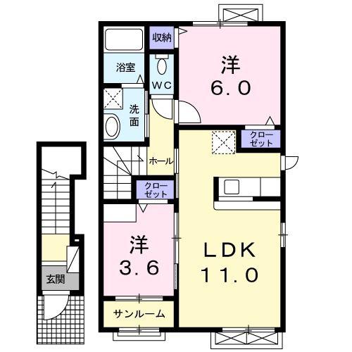 ハーモニティヴィラB(2LDK/2階)の間取り写真