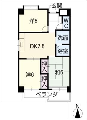 第9平與マンション(3DK/6階)の間取り写真