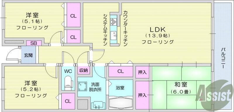 オークス南仙台(3LDK/2階)の間取り写真