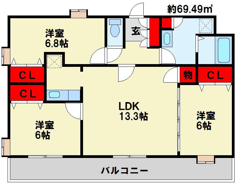 ニューリバー九工大駅前(3LDK/12階)の間取り写真