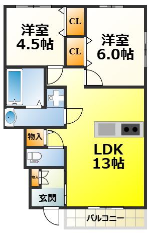 レスポワールE富木(2LDK/1階)の間取り写真