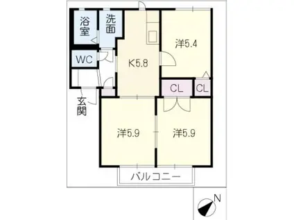フローラルヒルズA棟(3K/2階)の間取り写真