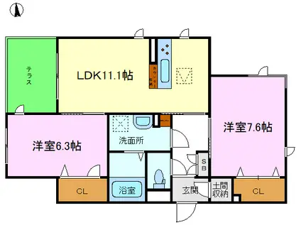 グランベール桂8番館(2LDK/1階)の間取り写真