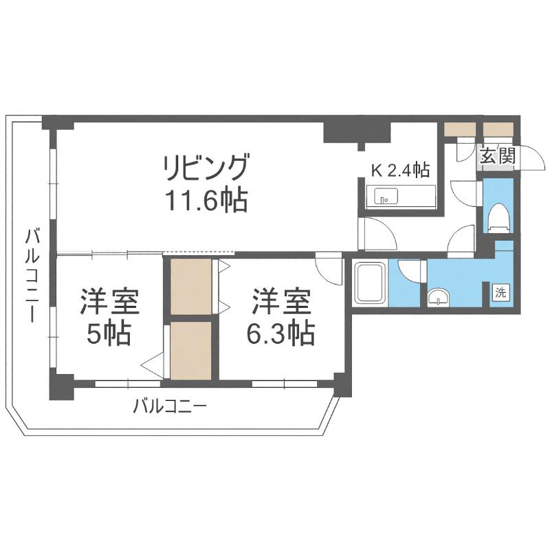 PRIME URBAN札幌 RIVER FRONT(2LDK/2階)の間取り写真