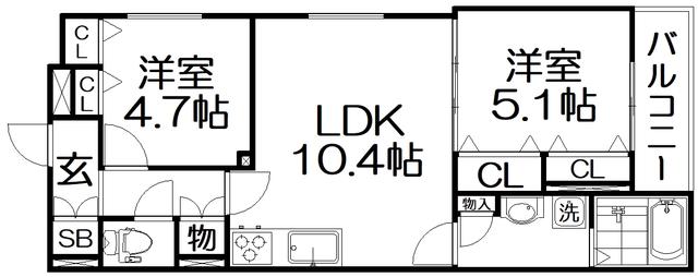 フォレストクリエオーレ城垣町壱番館(2LDK/2階)の間取り写真