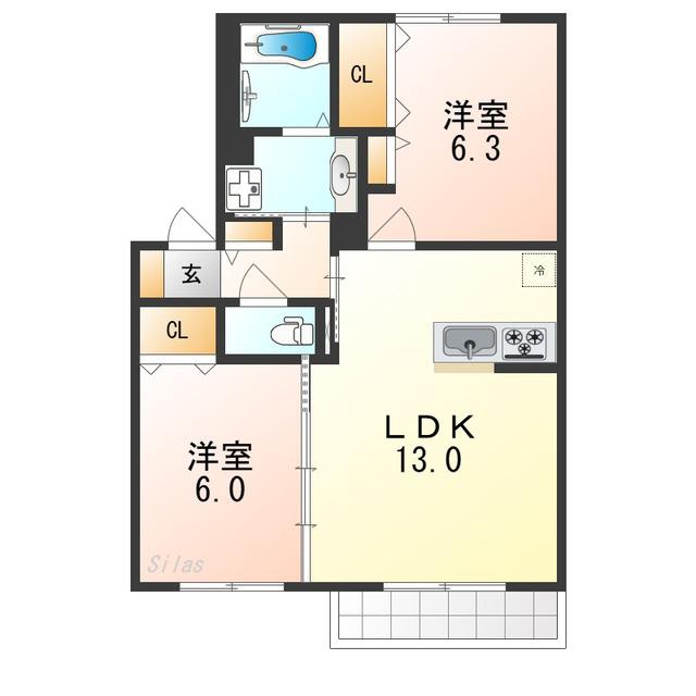 プルミエジュール上野芝(2LDK/2階)の間取り写真