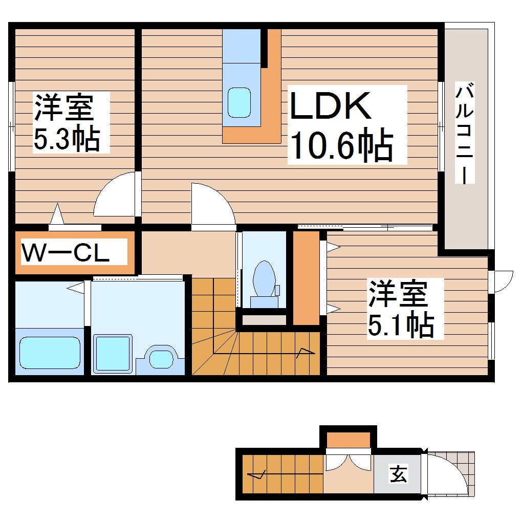 リアン・ボヌール(2LDK/2階)の間取り写真