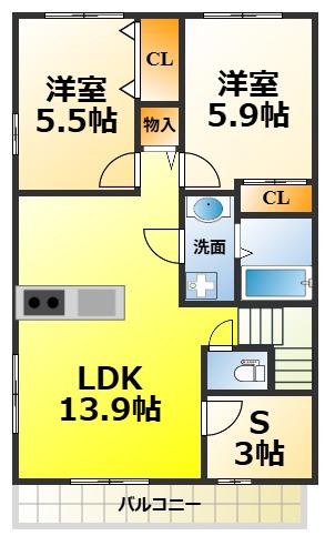 レスポワールE富木(2SLDK/2階)の間取り写真