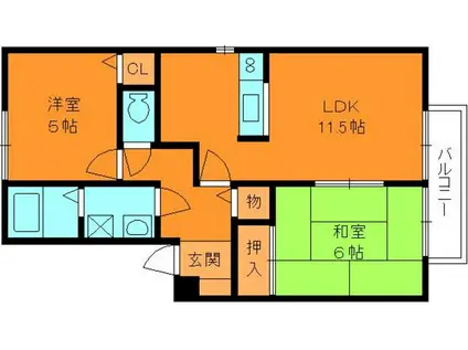 パセオ白鳳B棟(2LDK/1階)の間取り写真
