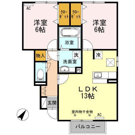 コンフレール西条 B棟(2LDK/1階)の間取り写真