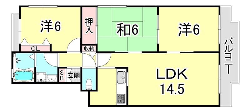 サンハイツ若草西(3LDK/2階)の間取り写真