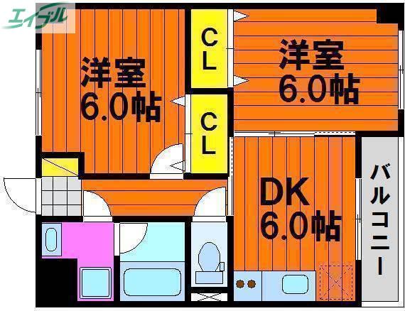 ウッドコート医大南(2DK/5階)の間取り写真
