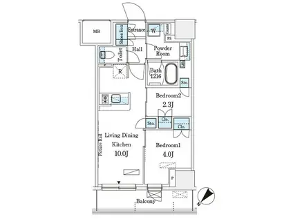 パークアクシス横浜伊勢佐木町通(2LDK/10階)の間取り写真