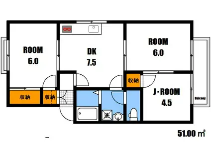 ハイランド B棟(3DK/2階)の間取り写真