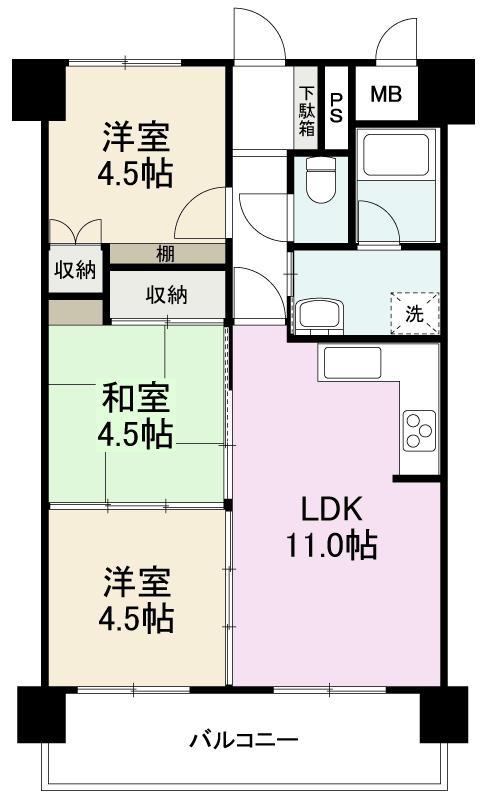 花房国分寺マンション(3LDK/9階)の間取り写真
