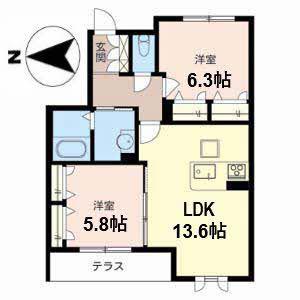 シャーメゾン竹城庵(2LDK/1階)の間取り写真