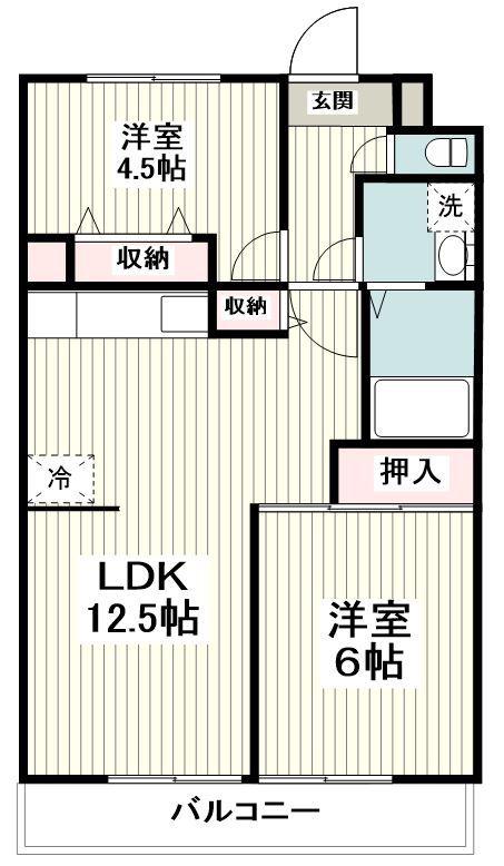 ヒルサイドフラッツB棟(2LDK/1階)の間取り写真