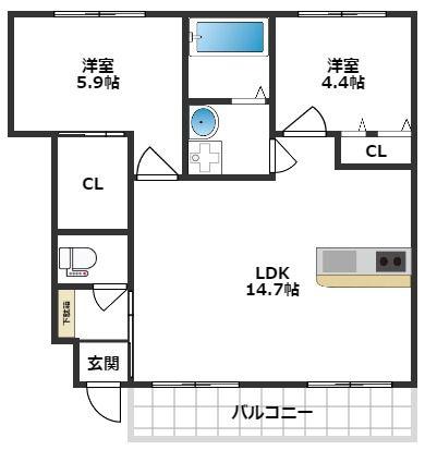 フォンターナA棟(2LDK/1階)の間取り写真