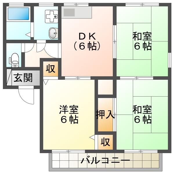 リバーコート D棟(3DK/2階)の間取り写真