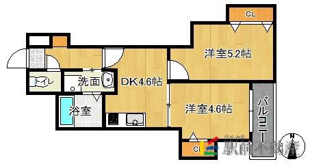 クレイドル藤崎(2DK/1階)の間取り写真